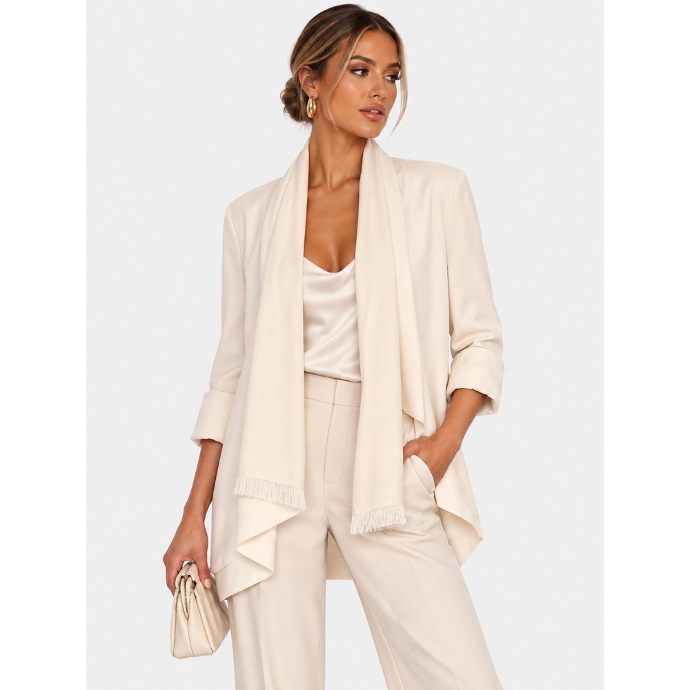 Sally LaPointe Cream Scarf Detail Open Front Blazer Silk Blend Size 16 NWT